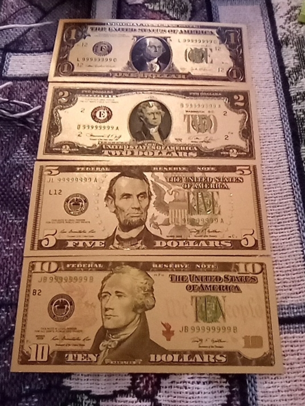 24 K Gold Foil Novo Collectibles $1,$2,$5 and $10.00